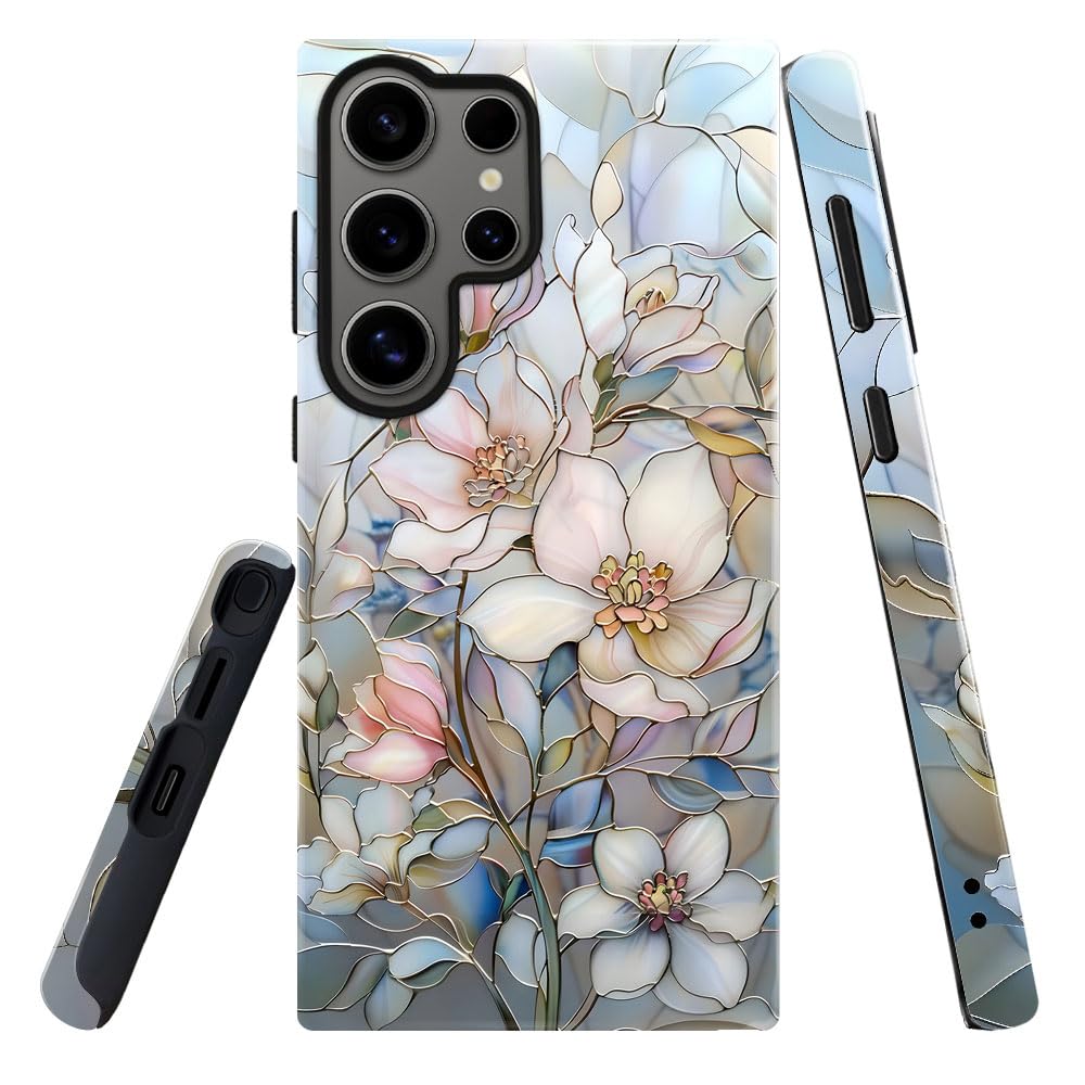 Compatible with Samsung Galaxy S24 Ultra,Glossy Dual-Layer Protection with Phone Case Cover - Stained Glass Magnolia Flower Colors