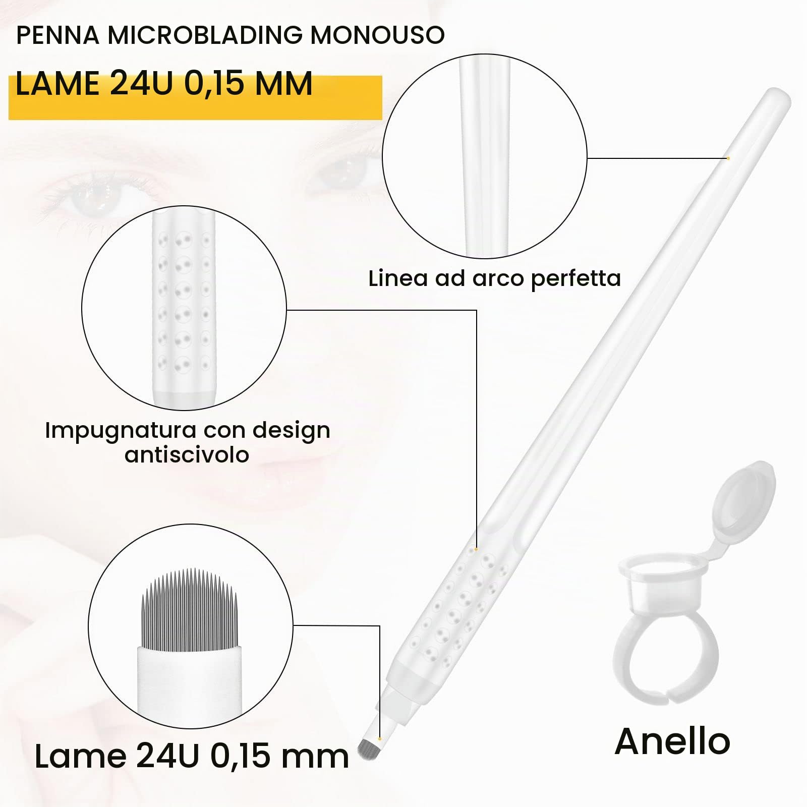 10 pezzi Bianca Penna Microblading Monouso Nano U24 0,15 mm con Anello per Colpi Capelli (U24-0.15mm)