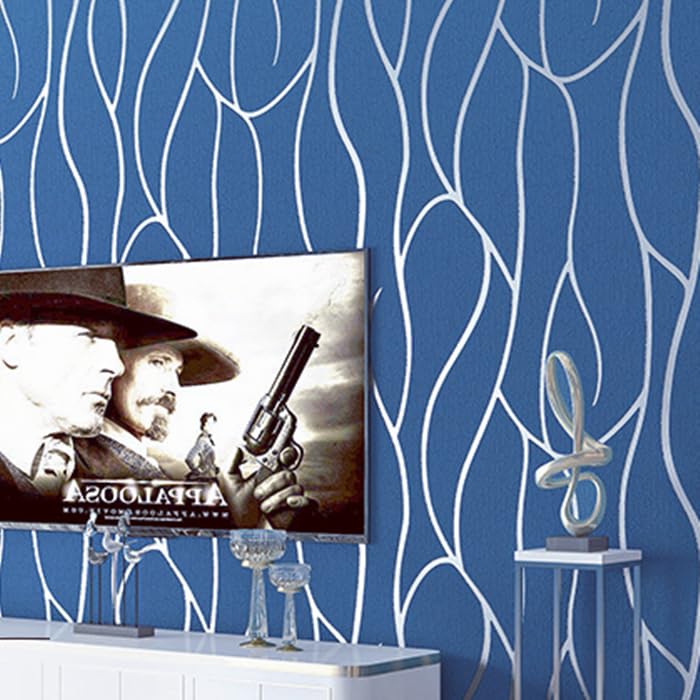 Image of CRIMSON DECORS Blue&Silver Freestyle SELF Adhesive Wallpaper for Living Room Bedroom Office Hall Corridor Peel and Stick Vinyl Wallpaper - 400X45 CM - 19 SQFT