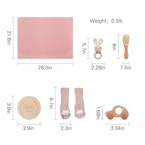 Miniatura 7 de Cesta de regalo para bebé recién nacido, regalos de ducha para niños y niñas con sonajeros de madera de conejo, juego de baño básico de 6 piezas con