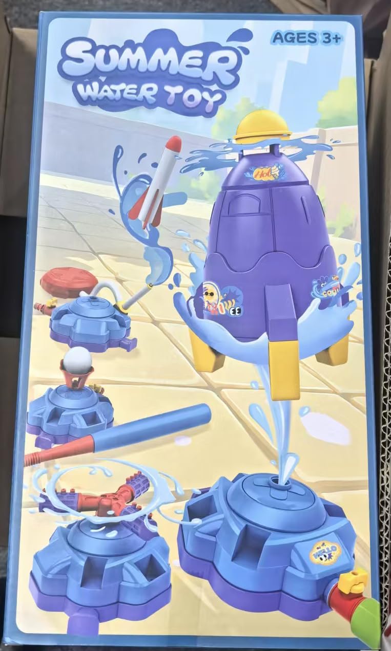 4-in-1 Water Sprinkler Toys for Kids, Outdoor Water Baseball, Rotating Water Spray, Rocket Launcher