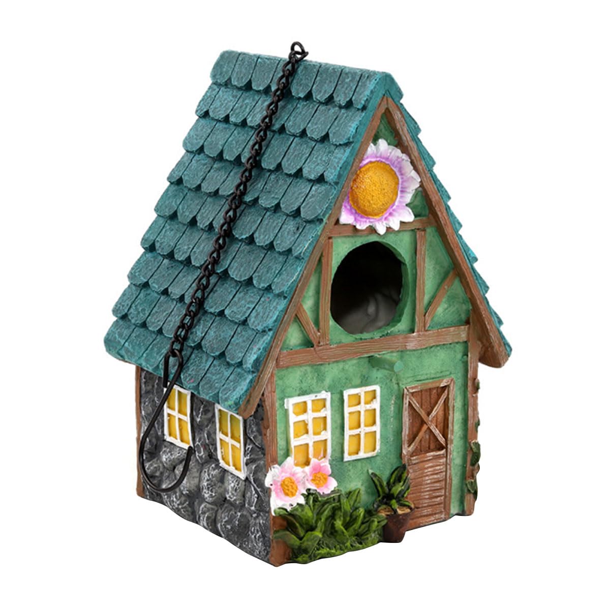 Stone House Bird House,Hanging wooden stone hut,Resin hanging wooden stone hut, anging Colourful Stone Cottage Bird House (green)