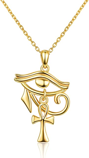 KINGWHYTE Eye of Horus Necklace 925 Sterling Silver Ankh Necklace Egyptian Cross The Eye of Horus Pendant Necklace for Women Men - 18" + 2" Silver Chain