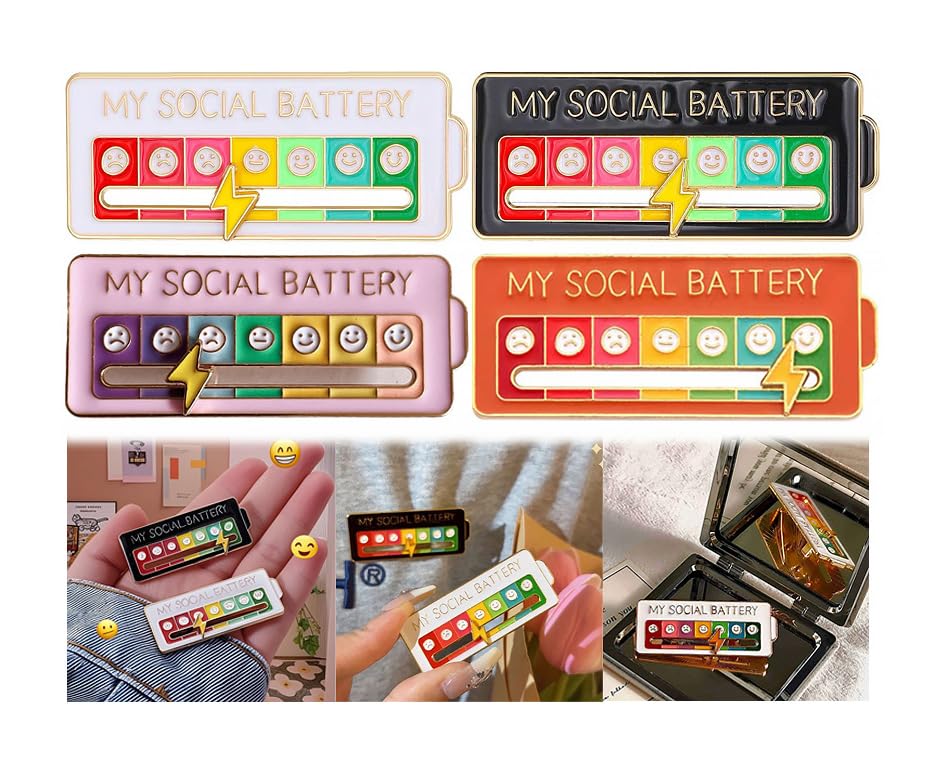 4PCS Battery Mood Pins, Funny Interactive Brooch Pin, My Creative Lapel Pin, Functional Mood Enamel Pins 7 Days a Week for Clothing Decoration Backpacks Bags Hats Gifts
