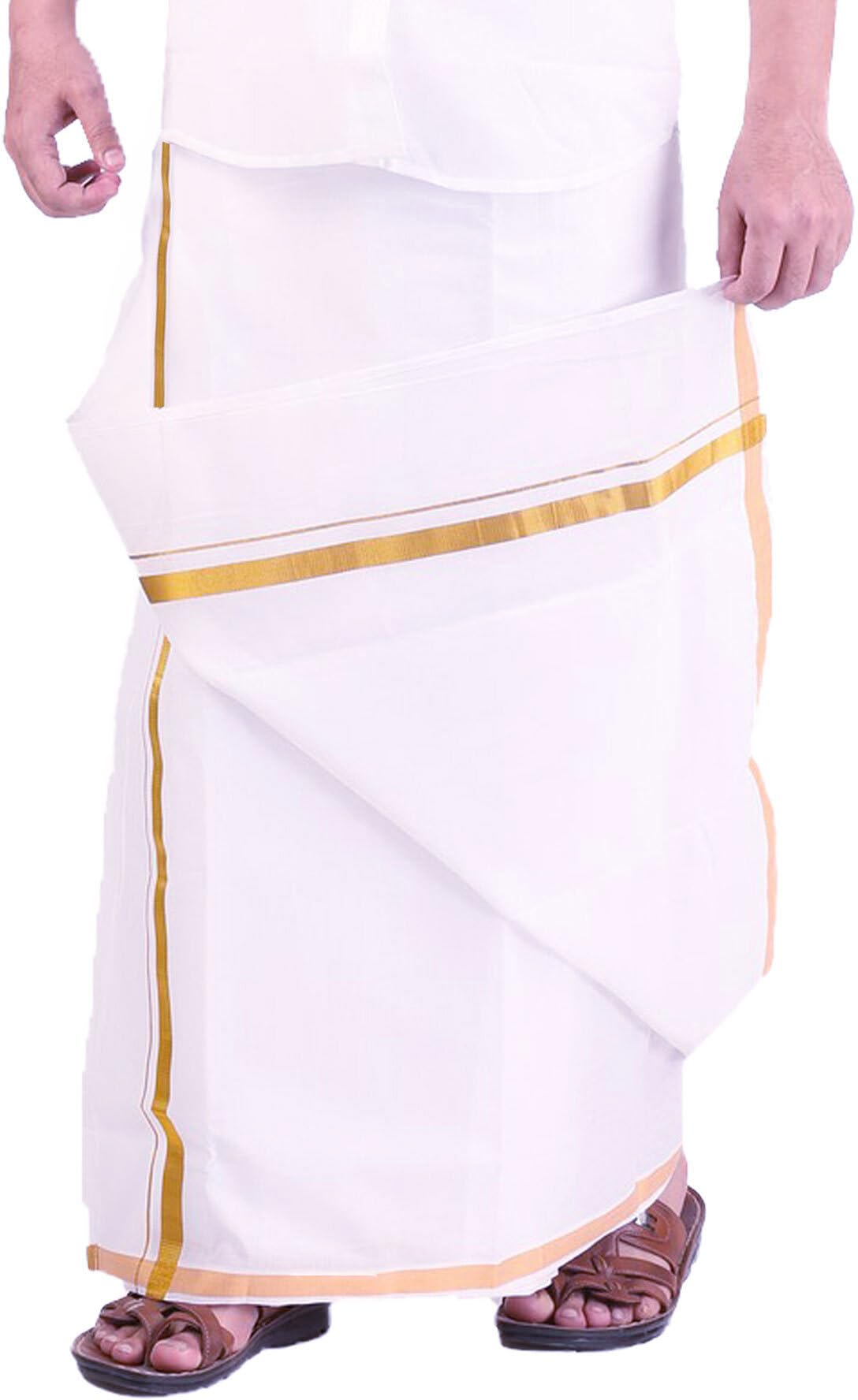 Prakasam Cotton Men's Fine Quality Welcro Pocket Jari Cotton Double Dhoti (32)