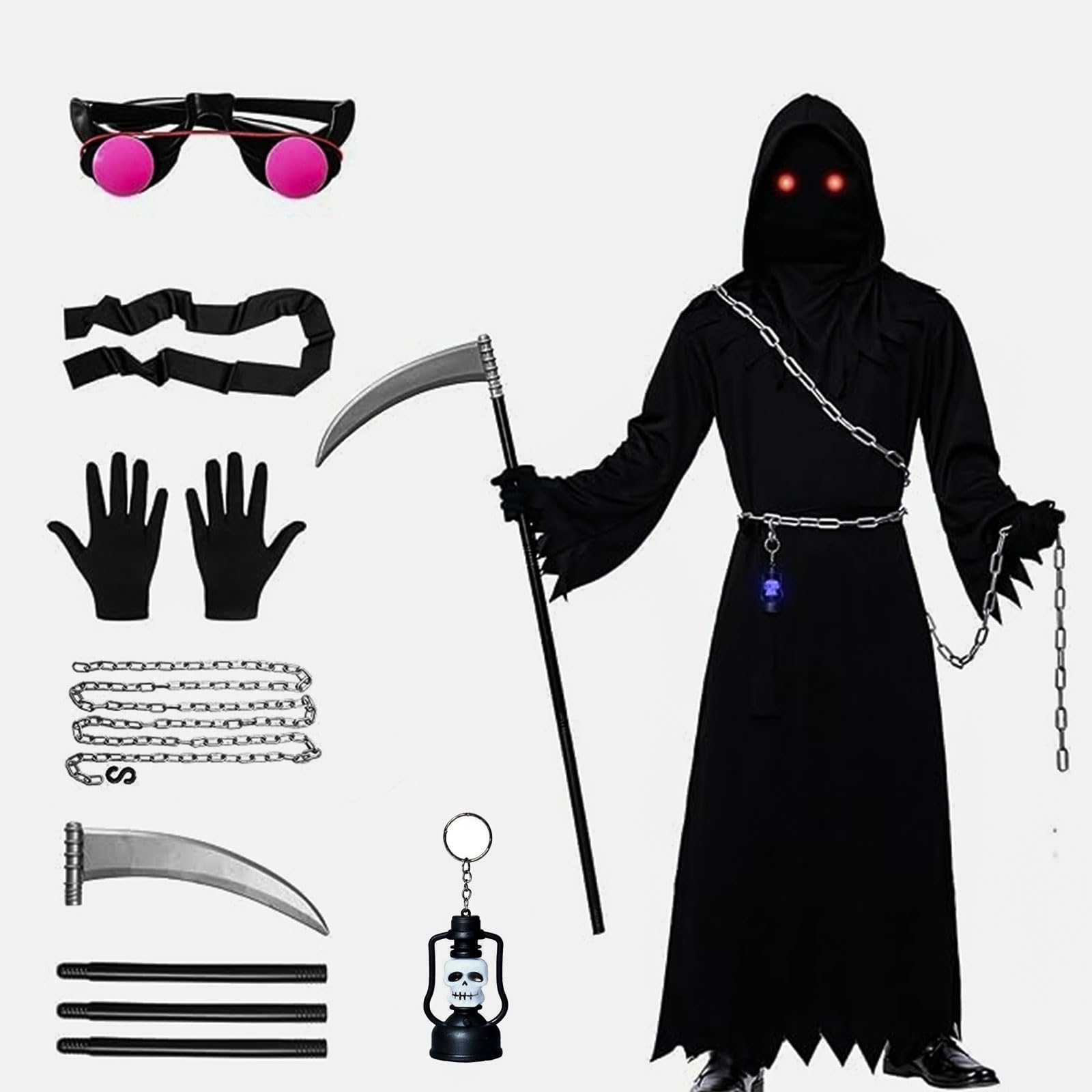 Mizijia Disfraces Segadora de Halloween,Disfraz la Muerte,Grim Reaper Halloween,Disfraces Segadora de Halloween,Disfraz de Grim Reaper, con Hoces, Guantes,Lentes Brillantes para Cosplay