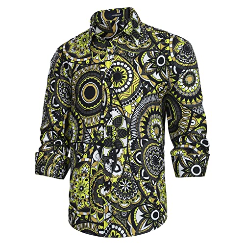 HISDERN Heren Casual Bloemen Shirts Lange Mouw Button Down Funky Shirt Paisley Fancy Shirts voor Mannen, Wit/Geel, L