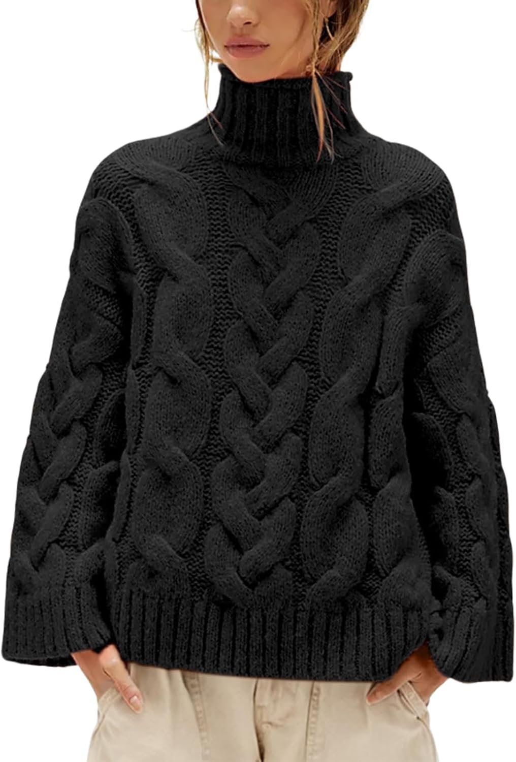 Womens Oversized Cable Knit Turtleneck Sweater Chunky Soft Cozy Long Sleeve Pullover Fall Winter Sweaters Casual Tops