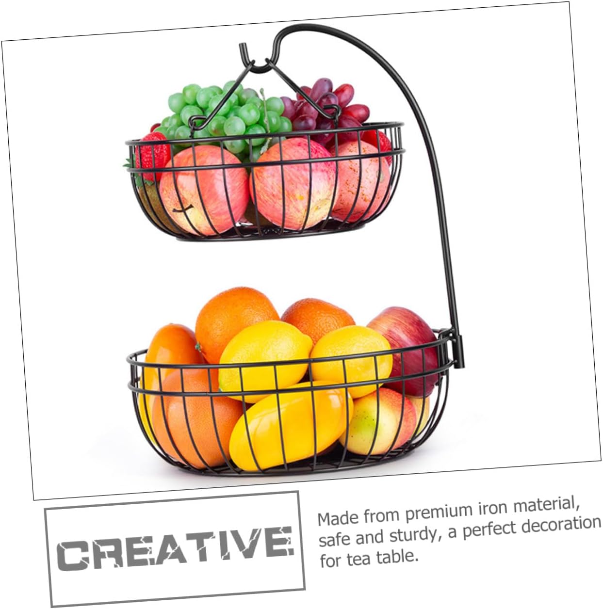 Toyvian Iron Art Hanging Fruit Basket Two-layer Storage Basket Black for Home Kitchen Fruit and Vegetable Organization