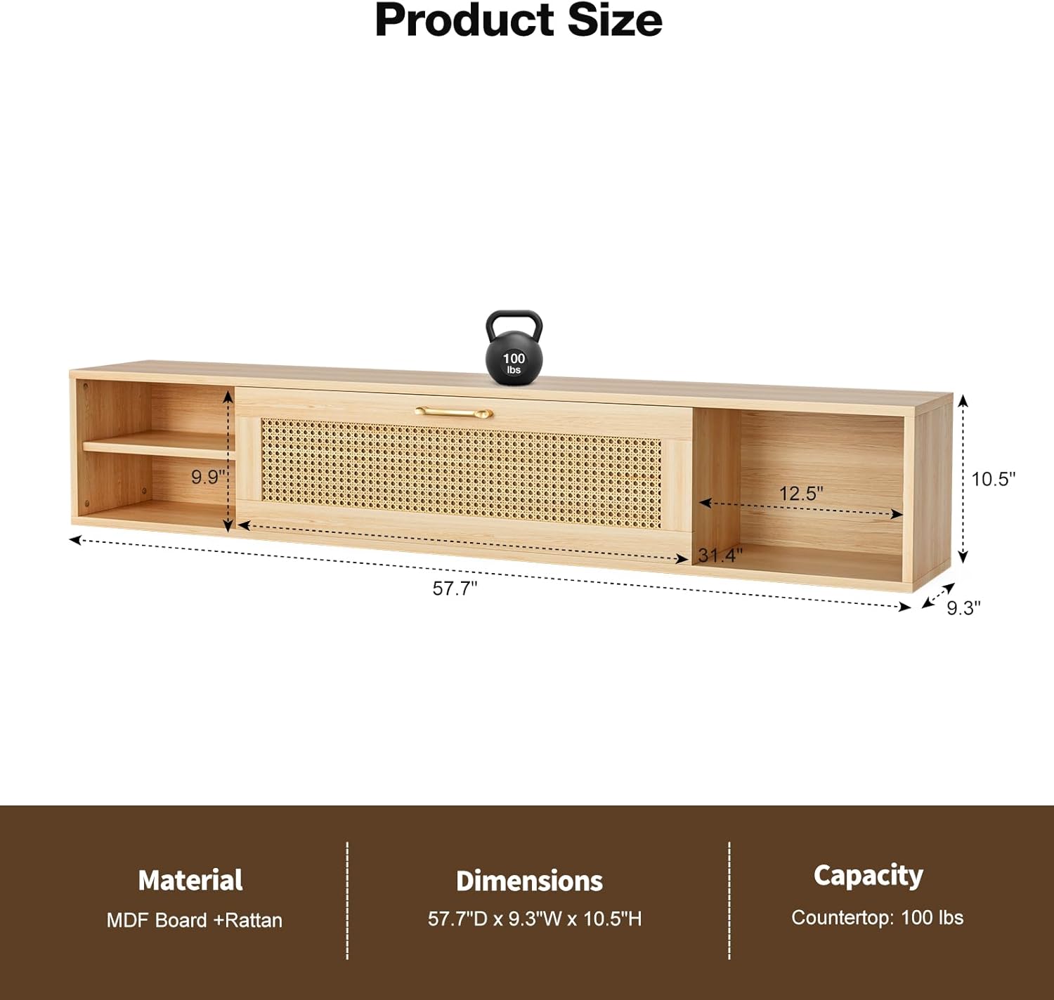 IKIFLY Floating TV Stand for 75 Inch TV, Mid Century Modern Center TV Stand w/Rattan Door, Wall Mounted TV Cabinet for Living Room, Entertainment Media Console Large Storage TV Shelfs Wood