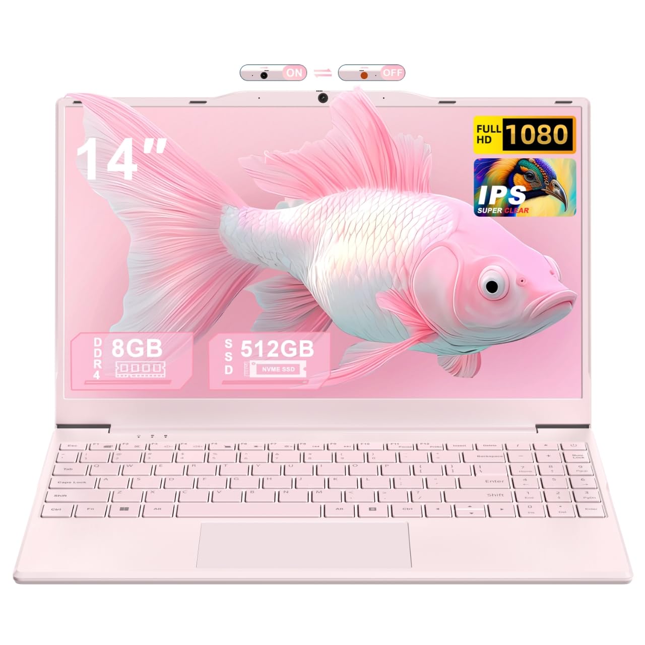 Nmybwo 14" Pink Portable Laptop Computer, N5095 CPU,8GB RAM(Up to 64GB Expansion),512GB NVMe SSD,1920P FHD IPS Display,Win 11 Pro,Numeric Keypad,2.4/