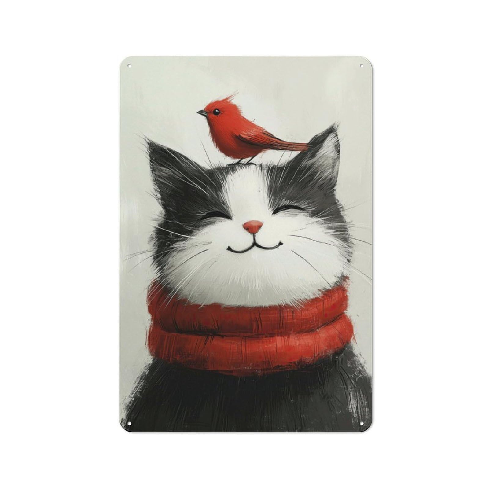Junmoney Smiling Cat With Bird Nostalgic Decorative Tin Sign 30X20cm Featuring Old Style Wall Plaque For Kitchen, Hallway, Bar Or Small Cafe