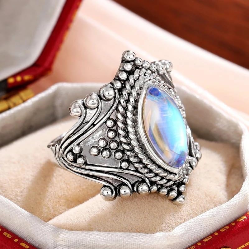 RKKOJJO 925 Sterling Silver Shiny Vintage Moonstone Ring 18K Promise Cocktail Rings Ring Eternity Engagement Wedding Band Ring for Women Size 9 - Image 5