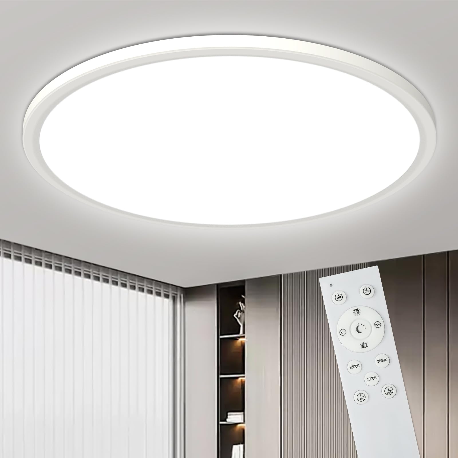 Bowfar LED Deckenleuchte, 24W Rund Deckenlampe Flach mit Fernbedienung Dimmbar 3000K-6500K, Modern Badlampe Ultra Dünn 2.1CM Schlafzimmer Lampe für Wohnzimmer Kinderzimmer Küche Badezimmer Ø29cm