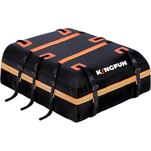 Kingfun Car Rooftop Cargo Carrier – Waterproof 15 Cubic Feet Car Roof Bag Fit All Vehicles with/Without Roof Racks, Includes Anti-Slip Mat, 8 Reinforced Straps & 6 Door Hooks, Luggage Locks