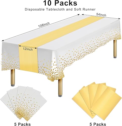 Miniatura 2 de Paquete de 10 manteles de plástico desechables y satinados, mantel desechable blanco, rectangular y dorado para cumpleaños, baby shower, boda,