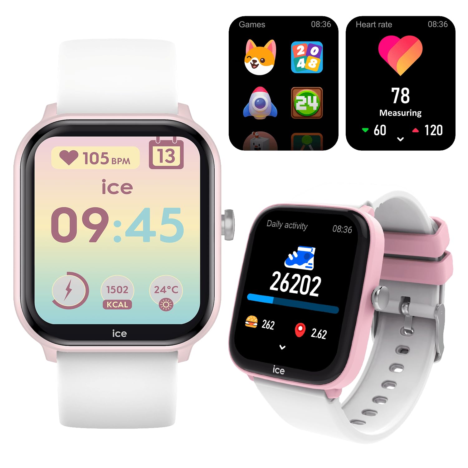 ICE-​WATCH - Ice Smart Junior 3.0 Pink White 1.75 AMOLED - Montre connectée rectangulaire Rose pour Fille avec Bracelet en Silicone - 024297 (1.75 Pouces)