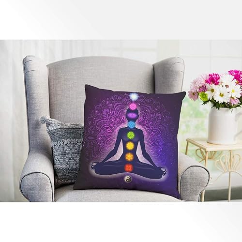 Miniatura 4 de EKOBLA Funda de almohada con diseño de mujer meditando en forma de loto, colorida funda de cojín cuadrada con 9 chakras y aura, para hombres,