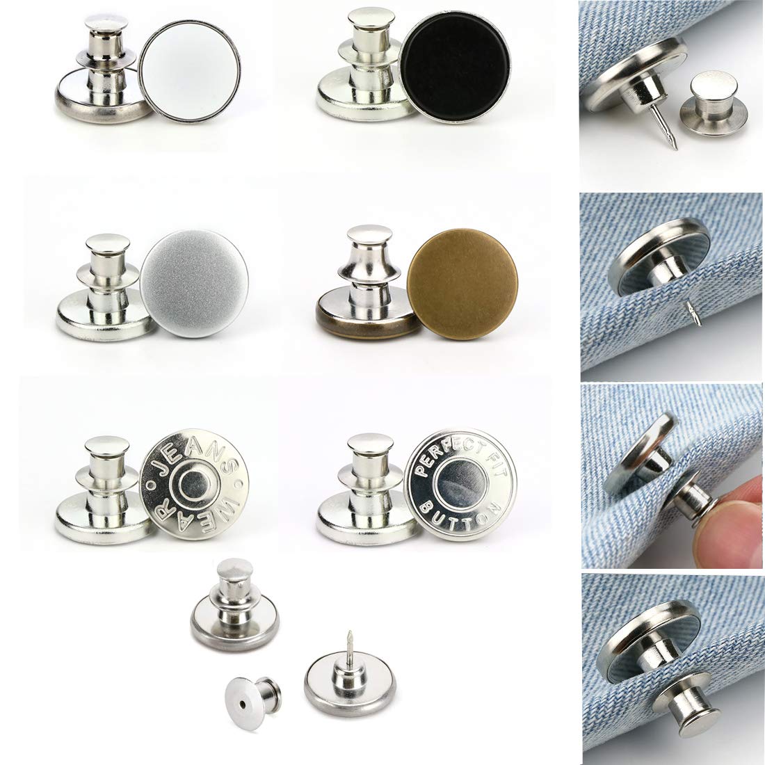 6 Sets Button Pins for Jeans,Adjustable Jean Button, No Sew Instant