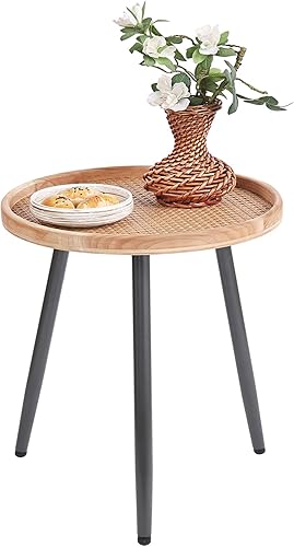 Miniatura 25 de Tiita Mesa auxiliar redonda mental, mesita de noche, mesas pequeñas de madera, mesa de centro con bandeja de madera para sala de estar, dormitorio,