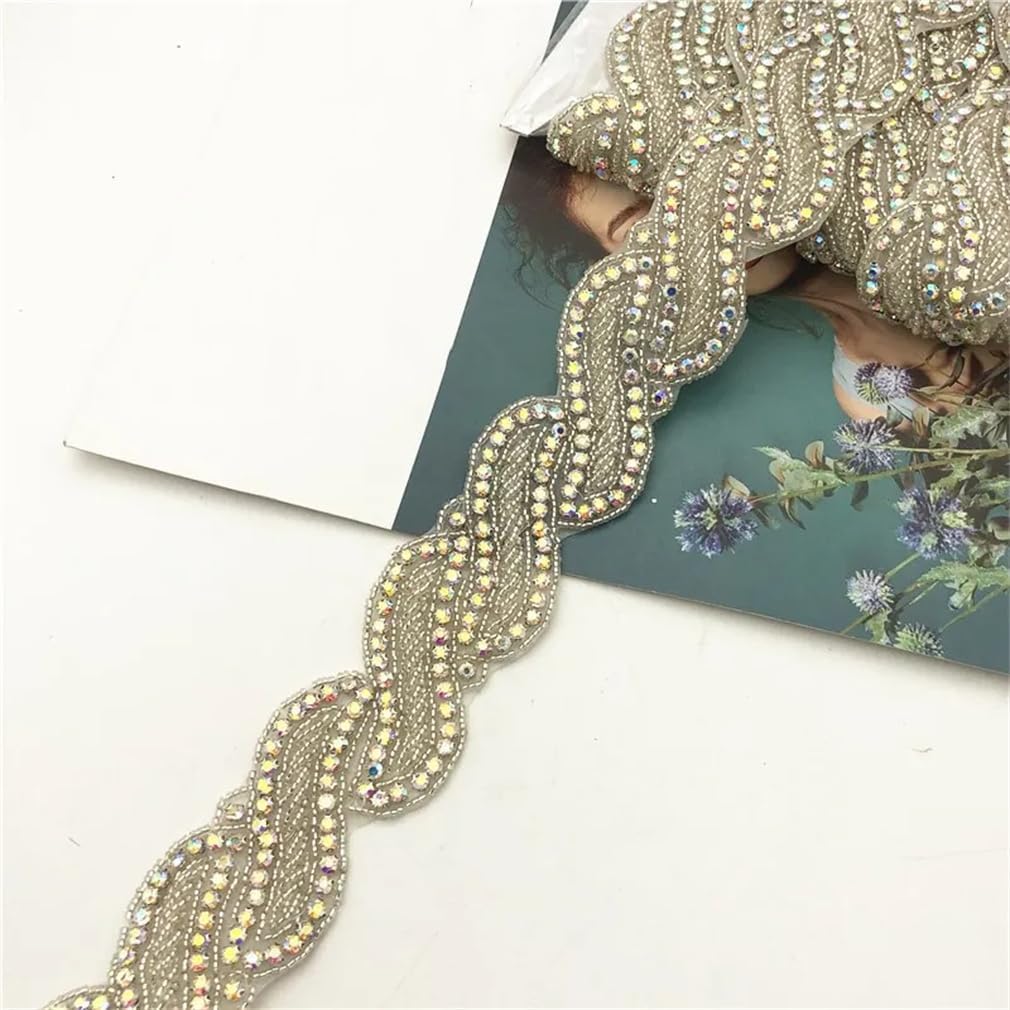 Generic 5Yards Bridal Beaded Rhinestone Applique Trim Gold Crystals Patches Iron On for Wedding Dresses Belt