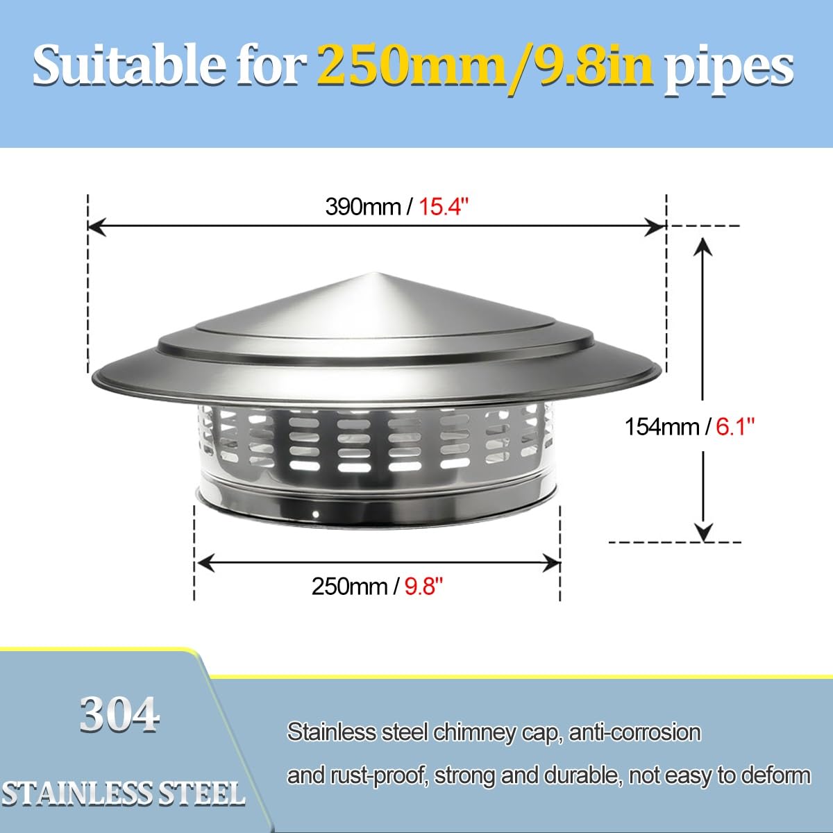 304 Weathe - Tapa de chimenea R para estufas, tubos de chimenea, protector de humos de ventilación para techo al aire libre (250 mm), resistente a la corrosión, fácil instalación
