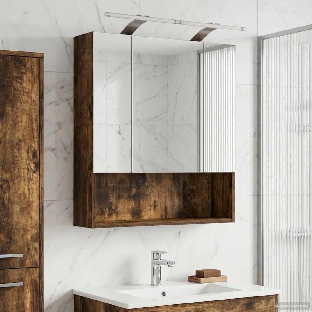 Armoire miroir LED double face pour salle de bain meuble de rangement mural chêne