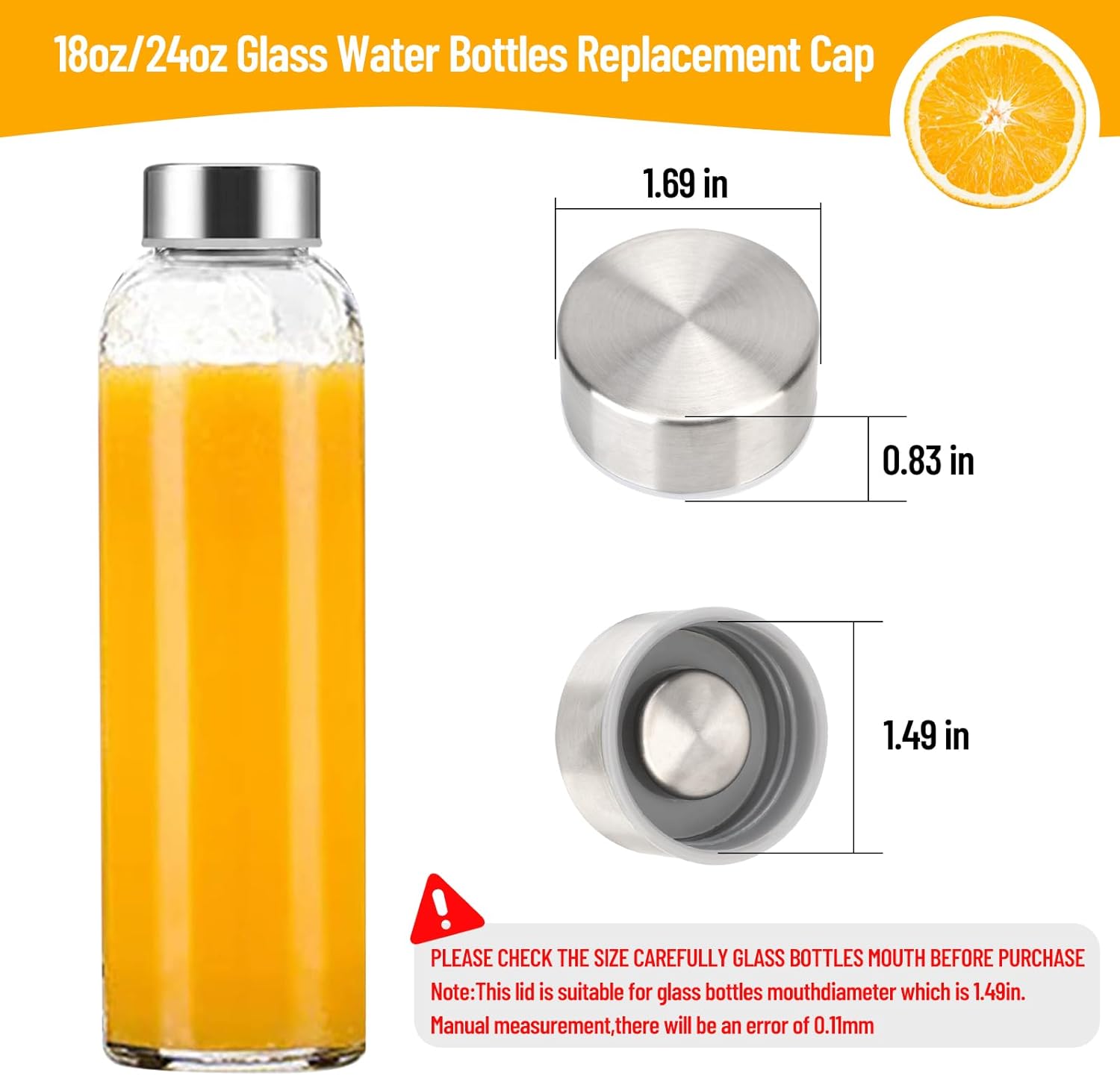 18oz/24oz Glass Water Bottles Stainless Steel Cap for Zukro/Sursip/Brieftons/18oz Glass Juice Bottles Replacement Lids Fits Bottle with 1.49 Inch Mouth Opening, Leak-Proof, Set of 6 - Image 2