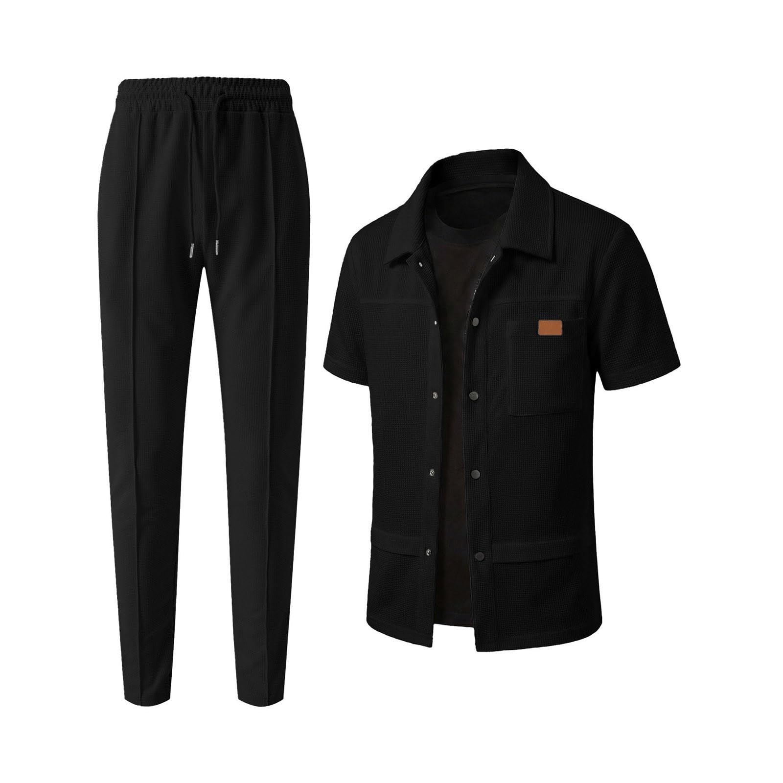 Completo Uomo, Completino Uomo Estivo Completo Casual in Maglia Composto Giacca E Pantaloni in Tinta Unita con Tasche Applicate E Colletto Reversibile Ideale per Un Moderno (Black S)