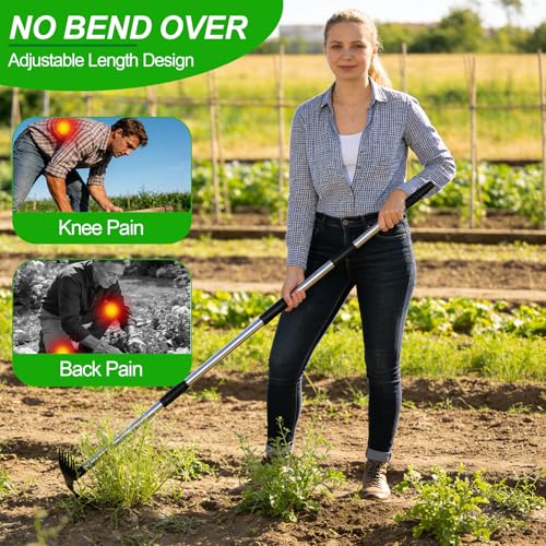 150cm Weed Puller Tool with Long Handle, 2-in-1 Manual Weeding Rake and Garden Hoe, Adjustable-length Weed Remover Hoe for Yard, Patio, Vegetable Patches, Lawn & Garden - Image 4