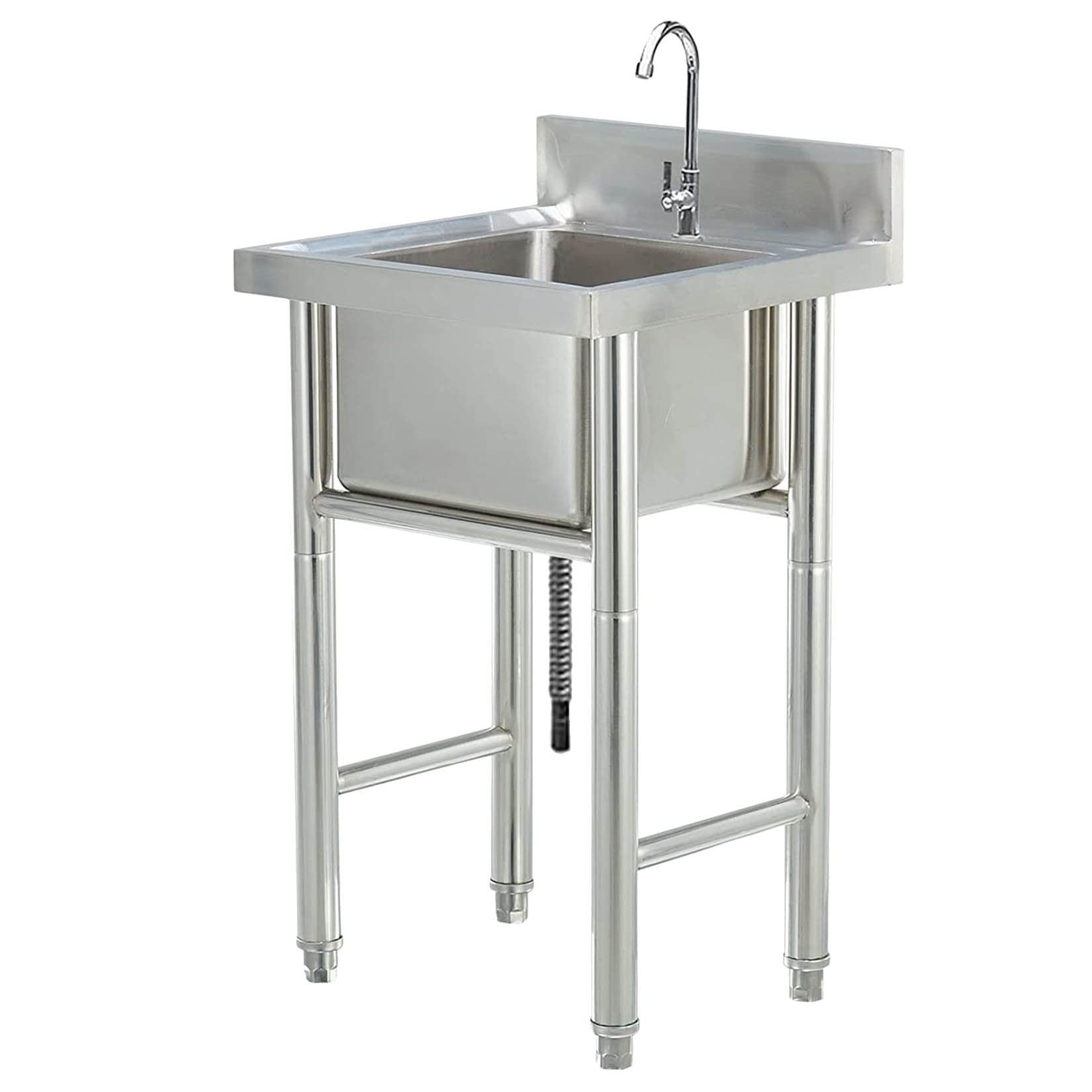 HCZKIUJY Kitchen Utility Sink,Single Bowl Silver Kitchen Sink Bowl, Stainless Steel Commercial Restaurant with Faucet + Backsplash, Freestanding Prep & Utility for Indoor Outdoor (19.6x19.6x31.4in)