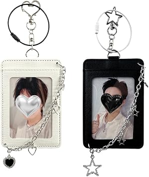 K-pop Photocard Holder Keychain with Heart and Star Charms, Hard Protective Card Case,Chain Decoration, Black and White, 2 pcs