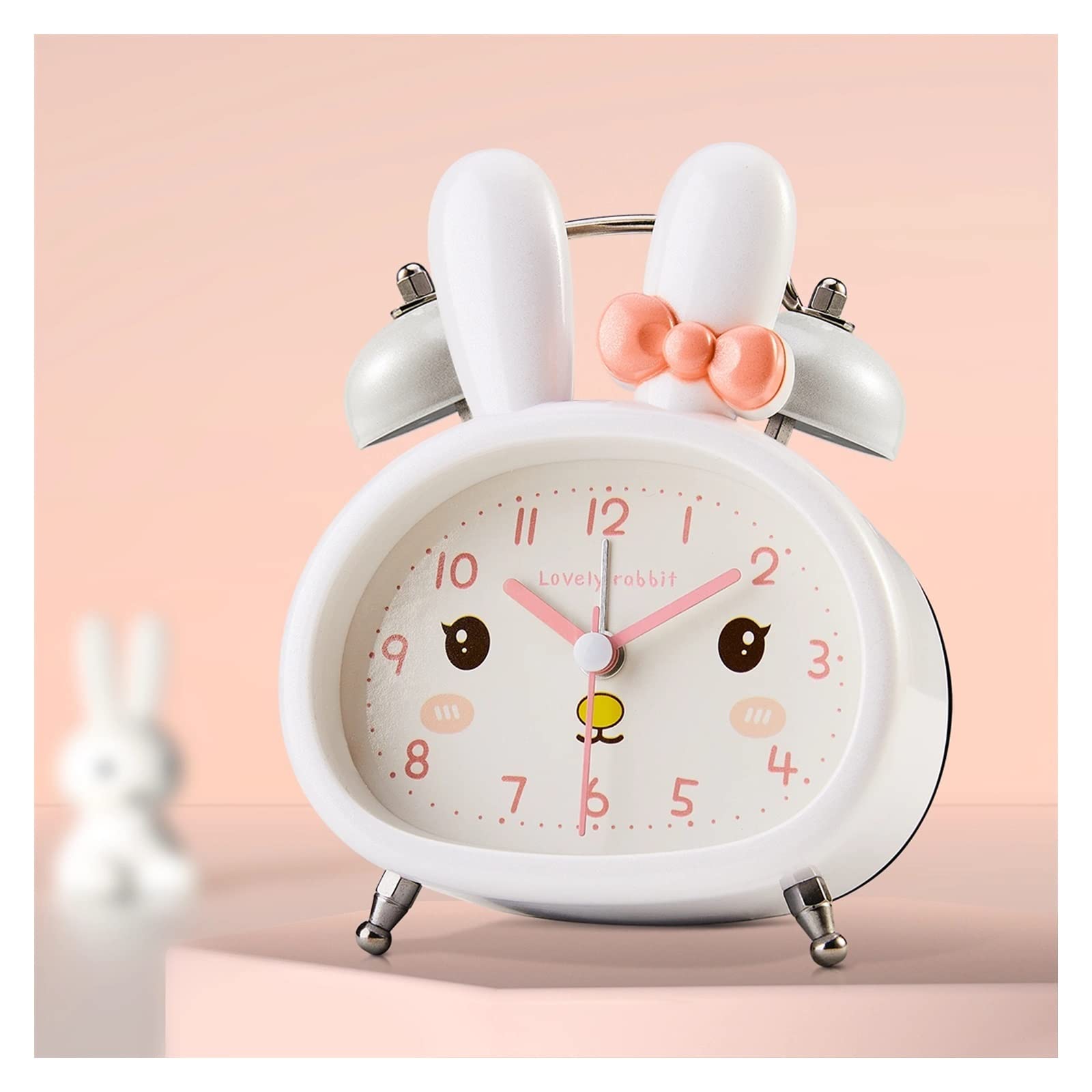 J9V4G6S3B5 Desk Clock 3.5 Inches Twin Bell Loud Alarm Clock for Kids, Backlight, Battery Operated for Bedrooms, Rabbit analogue alarm clock(White)