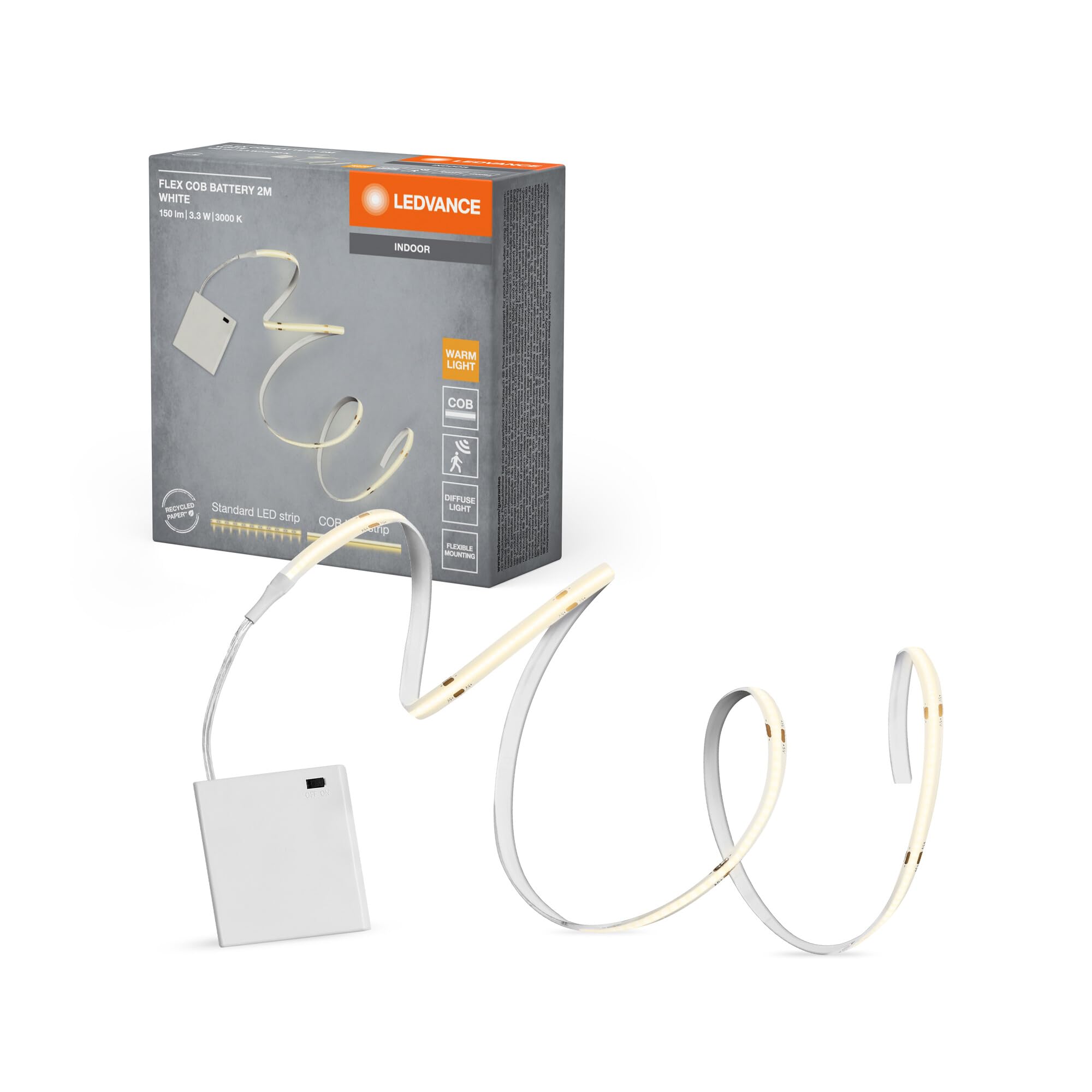 LEDVANCE FLEX LED-Lichtstreifen mit Akku-Betrieb, COB-Technologie für homogene Lichtverteilung, 3.3 W, 150 lm, 2 m Länge, flexibel und biegsam, für Innenraumanwendungen, LED nicht austauschbar Beleuchtung