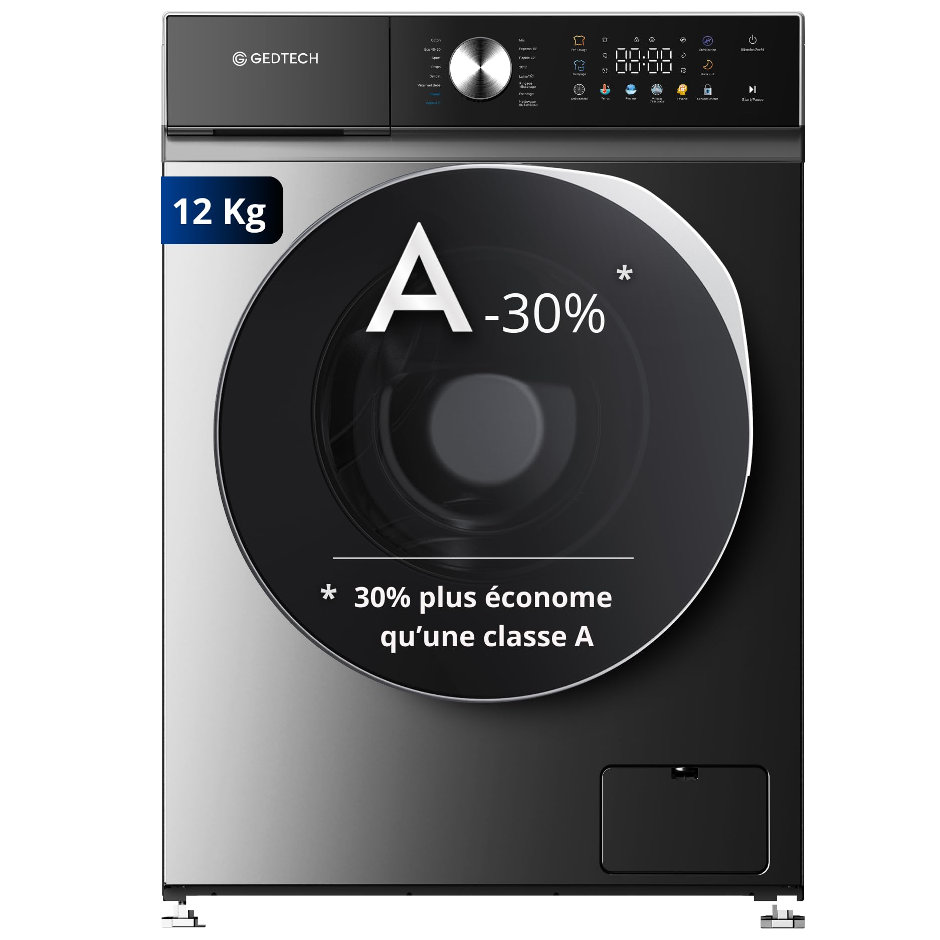 GEDTECH Lave-linge frontal GLLPS121400DG 12 Kg 1400 tr/mn 16 programmes Eco Intensif Rapide Faible conso Panneau commande LED couleur