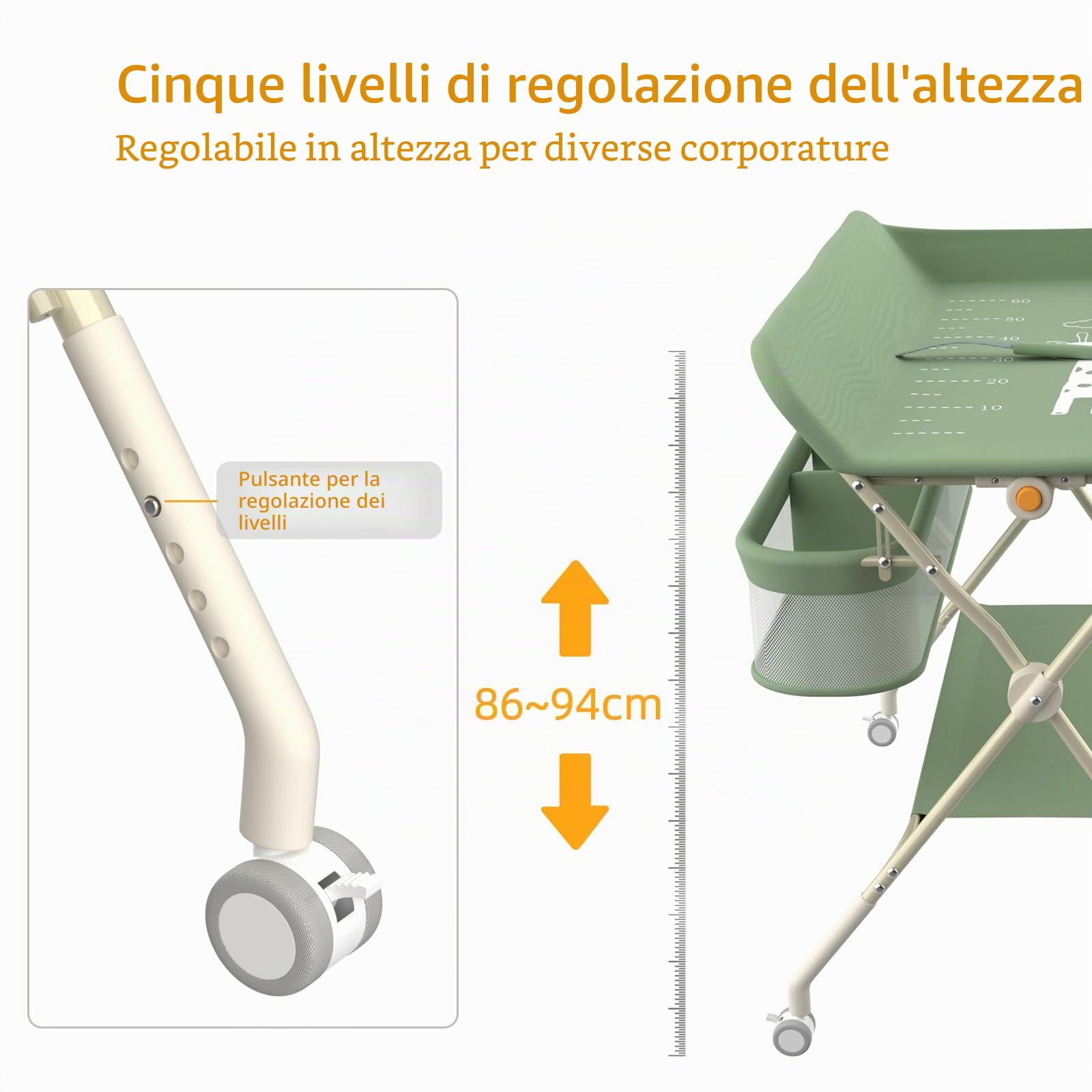 Fasciatoio con ruote, pieghevole, fasciatoio portatile, 5 ripiani regolabili, cestino portaoggetti da appendere per neonati, per cameretta dei bambini, 75 x 68 x 83-91 cm (A) verde