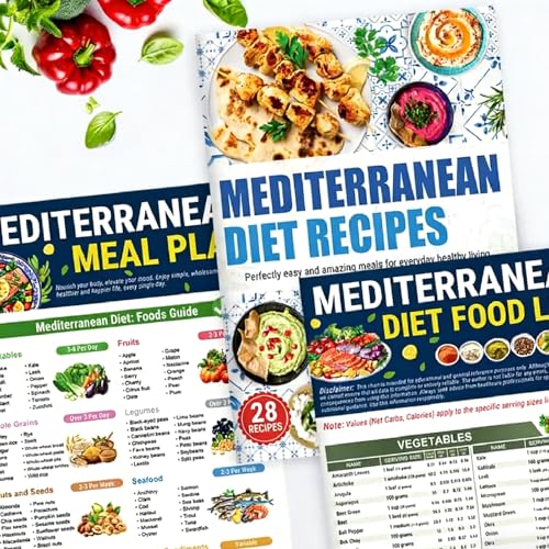 Mediterranean Diet Chart Food List, 3 Pack Mediterranean Ingredient Meal Plan, 28+ Easy Mediterranean Diet for Beginners,Mediterranean Cookbook Guide Helps You Simplify Healthy