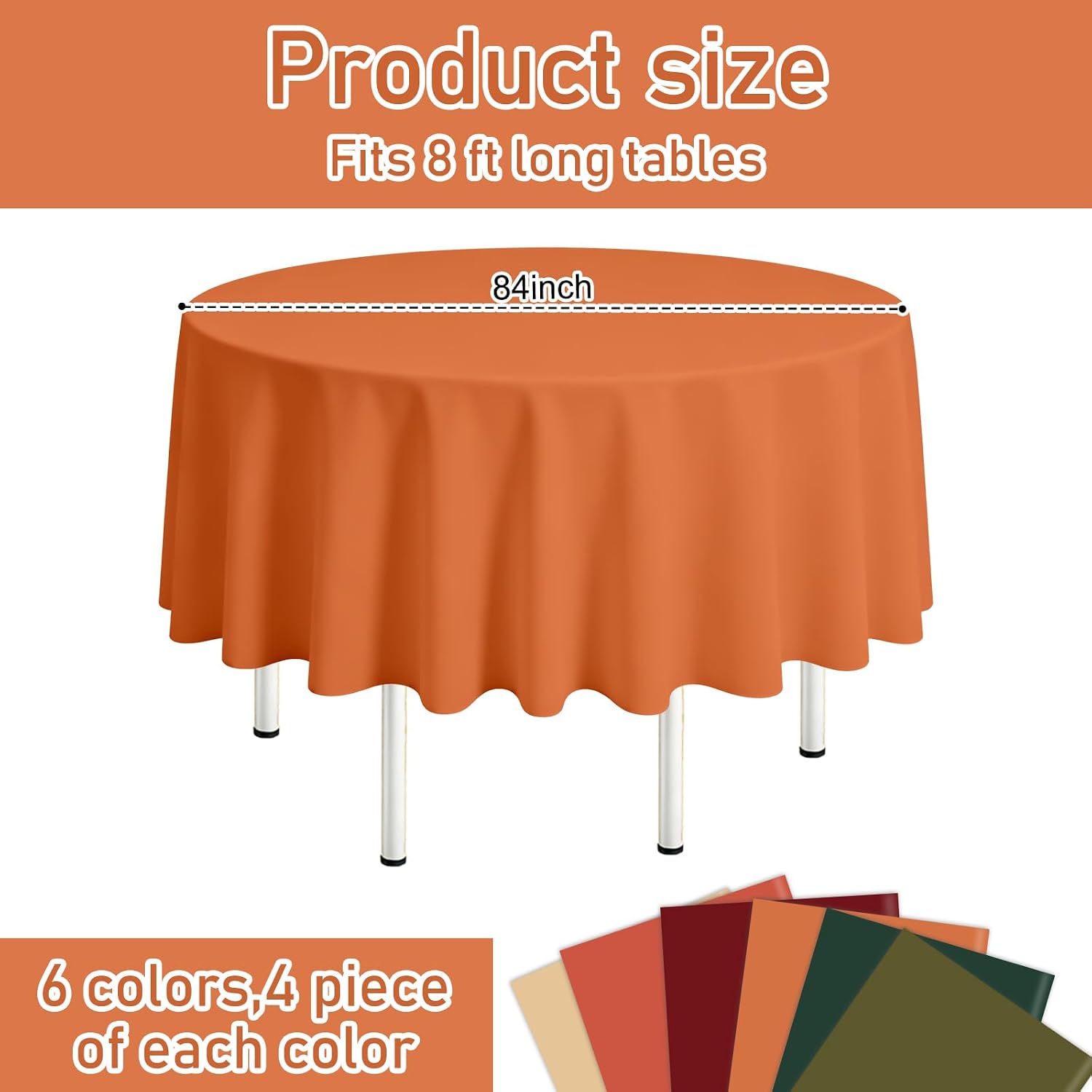 Whaline 24Pcs Fall Color Plastic Tablecloth Round Brown Orange Green Table Cover 6 Colors Waterproof Table Cloth for Autumn Thanksgiving Decoration Supplies, 84 Inch