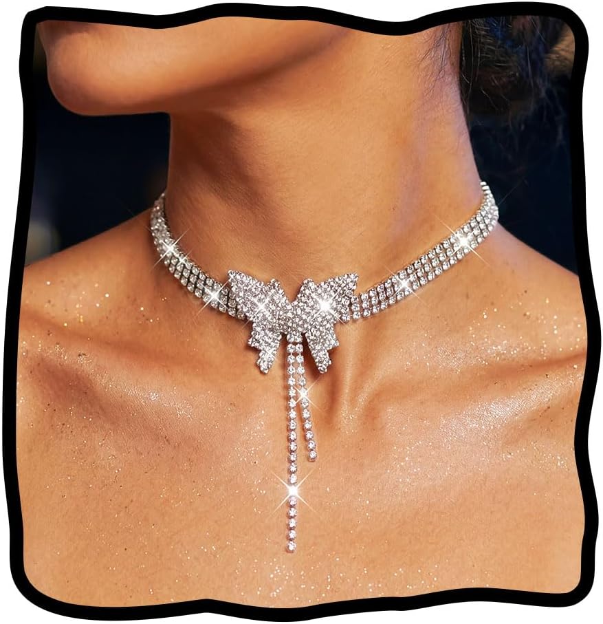 Rhinestone Choker Necklace Silver Diamond Row Necklaces Sparkly Crystal Prom Jewerly for Women