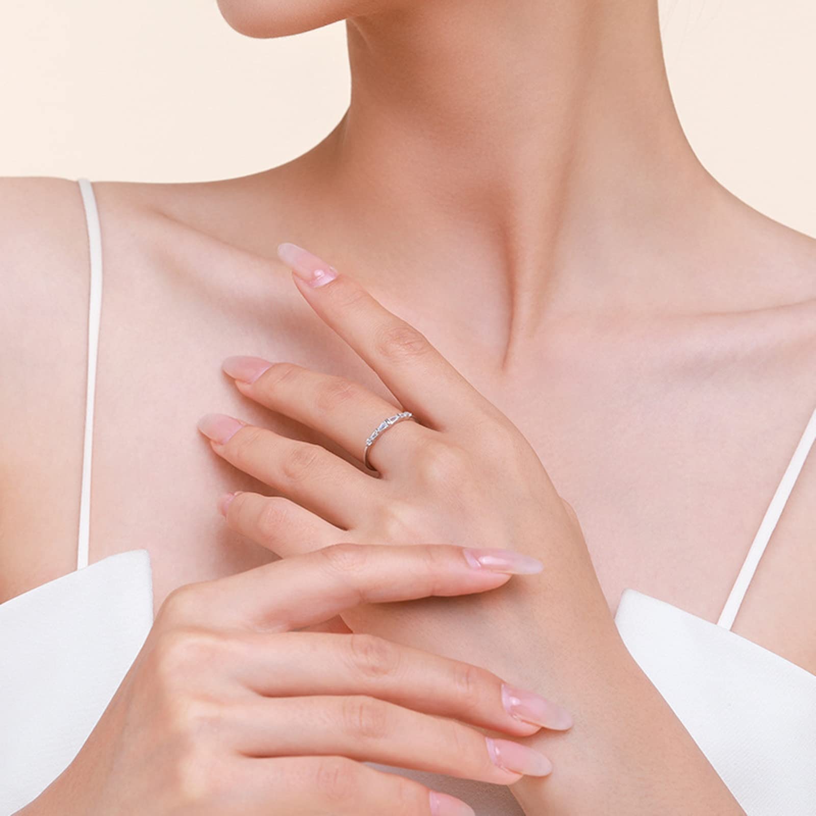 Bague Femme Or Blanc 9/14/18 carats, Anneau Empilable Incrusté de Diamant Trapèze, Bague Fine Or Véritable