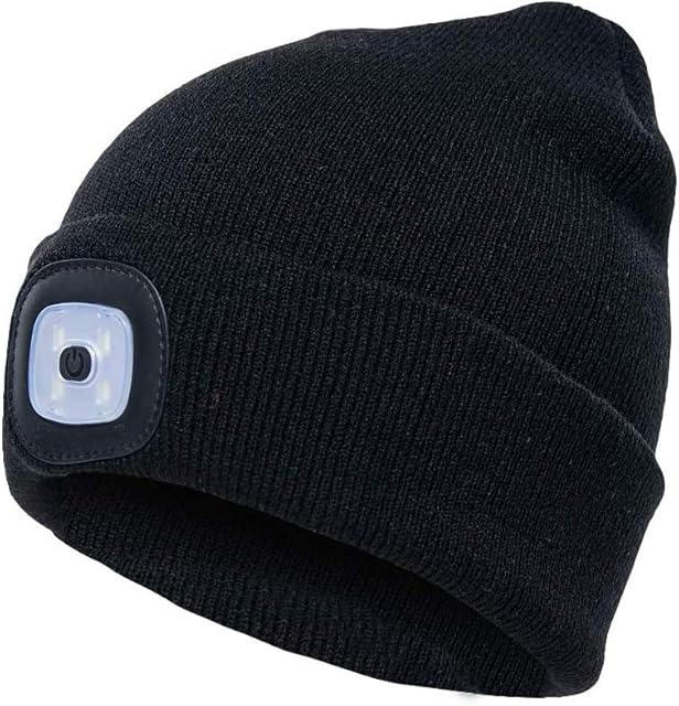 Gifts for Men LED Knitted Hat, Rechargeable Headlamp Beanie Cap Winter Warm Beanie Hat Hands Free Lighted Beanie Cap with 3 Brightness Level for Walking at Night, Camping, Dog Walking, Biking