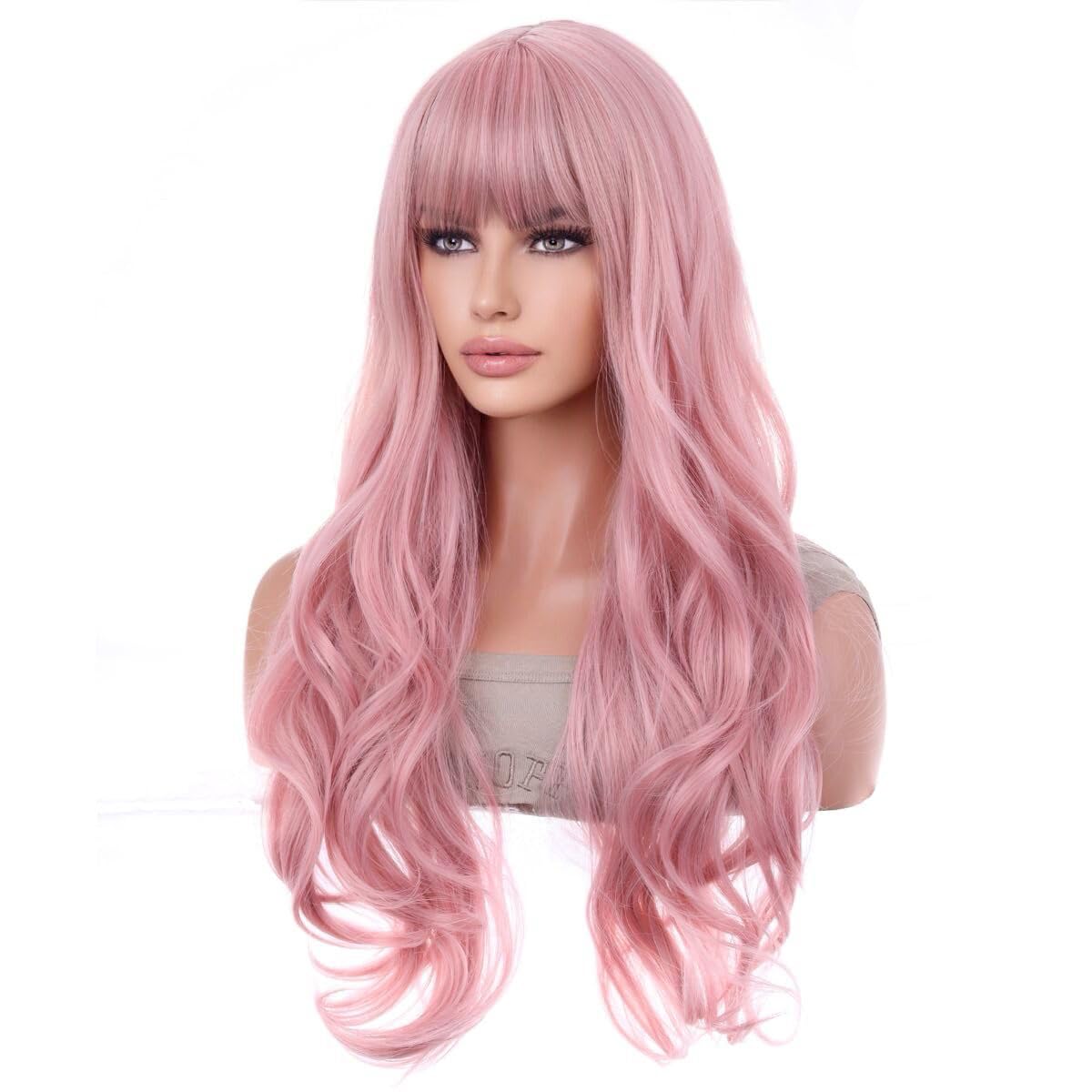 Long Wavy Synthetic Wig with Bangs Heat Resistant Modern Party Wear Amazon.com : PARK YUN Long Wavy Reddish Brown Wigs With  main image 2