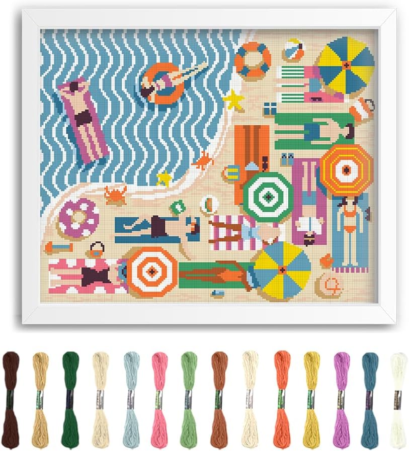 FREEBLOSS Flamingo Cross Stitch Kit Stamped Cross Stitch Wall Hanging Kit for Adults with Instructions On The Beach Pure Cotton Cloth Embroidery Kits for Beginnrs No Frame 16 * 20"