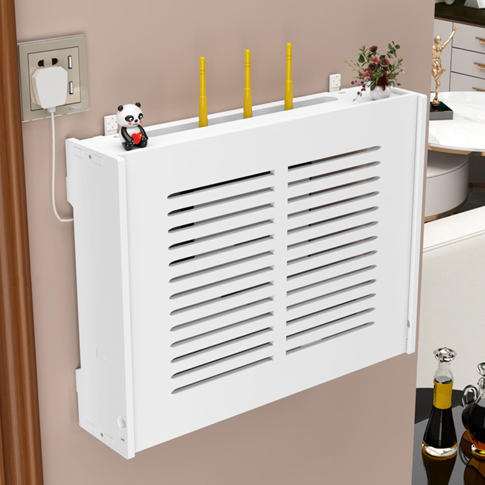 Modem Router Cover And Power Strip Organizer Wall-Mounted Storage Box Premium Wooden Router Shelf Perfect For Home And Office