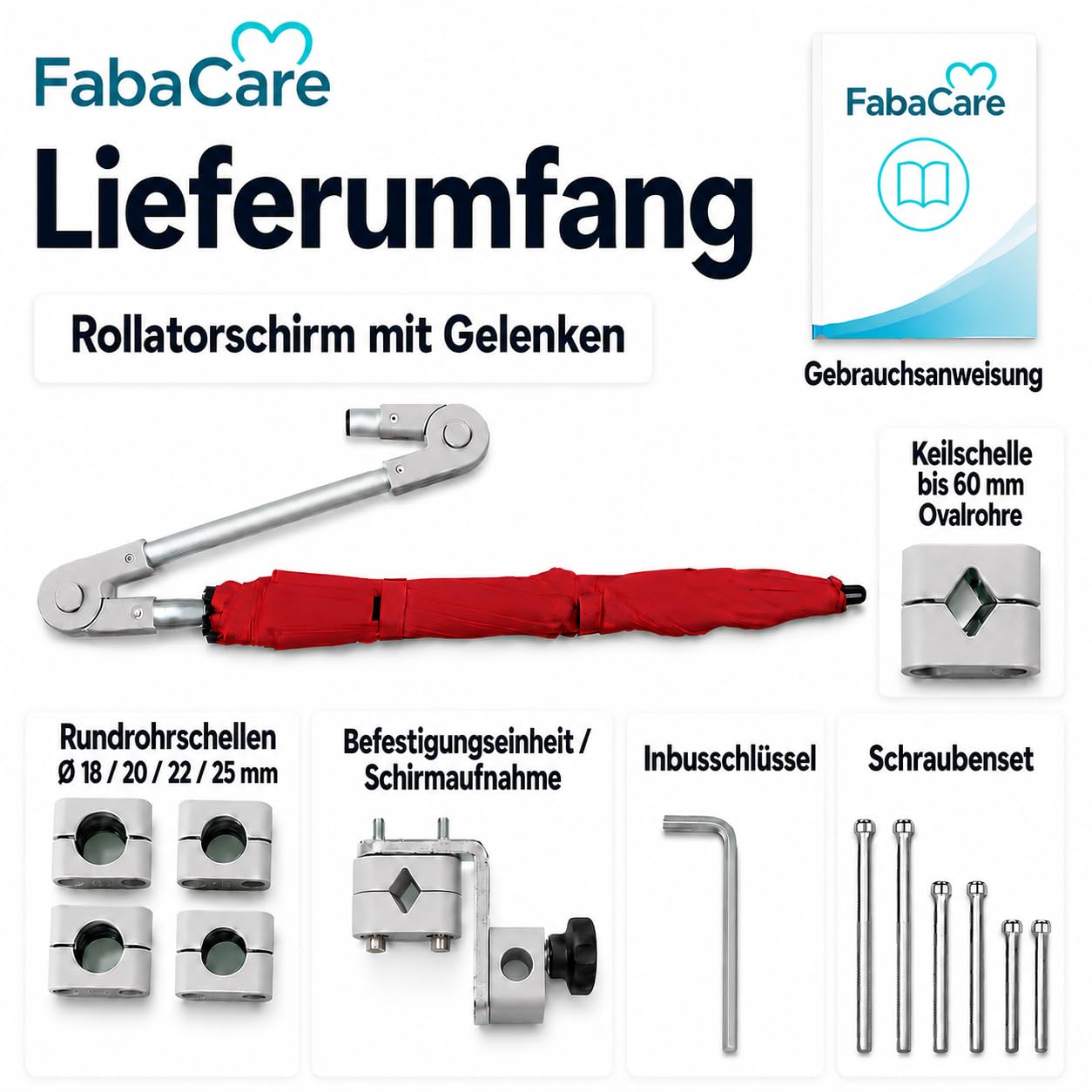 FabaCare Rollatorschirm Protektor 2.0 – Air-Vent Modell 2026 (Doppeldachsystem) – windstabiler Regenschirm & Sonnenschirm mit Halterung für Rollatoren – passend für Rundrohre & Ovalrohre, Rot