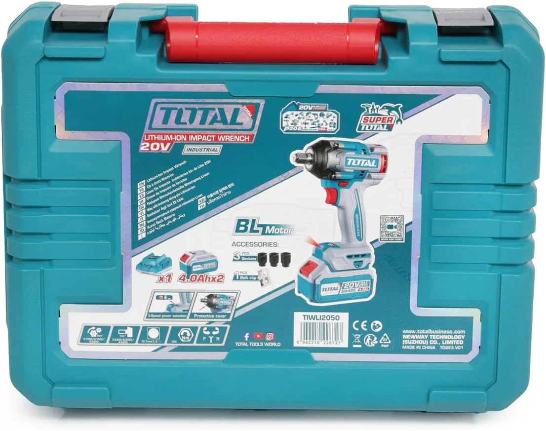 Bagsiden af TOTAL slagnøgle-bæretasken med produktspecifikationer og funktioner