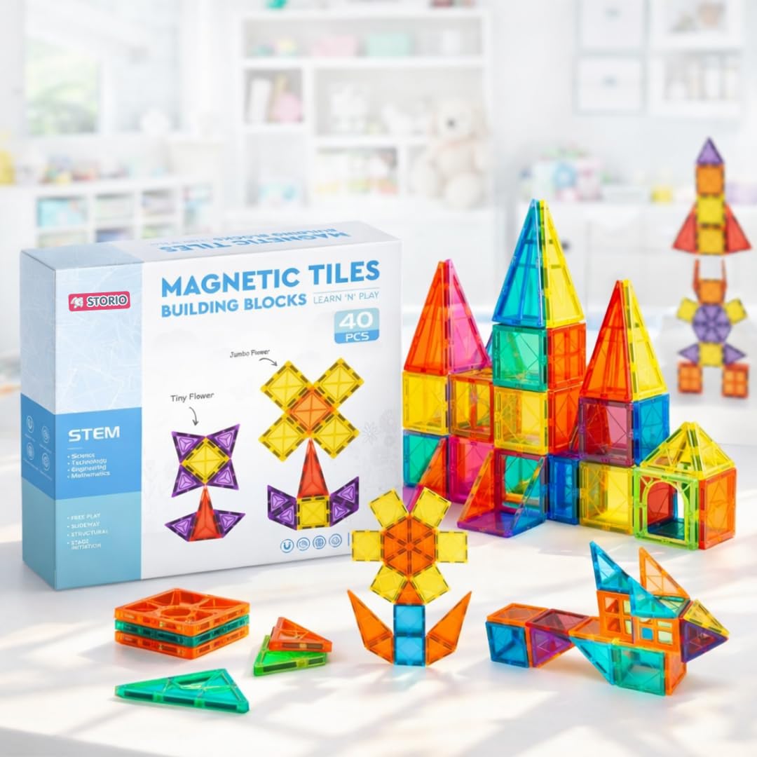 Storio 3D Magnetic Tiles Building Blocks for Kids 3-8 Years - 40 pcs | STEM Learning Educational Toy | Creative Construction Toys | Preschool Brain Development Toy | Birthday Gift for Boys & Girls-image-34