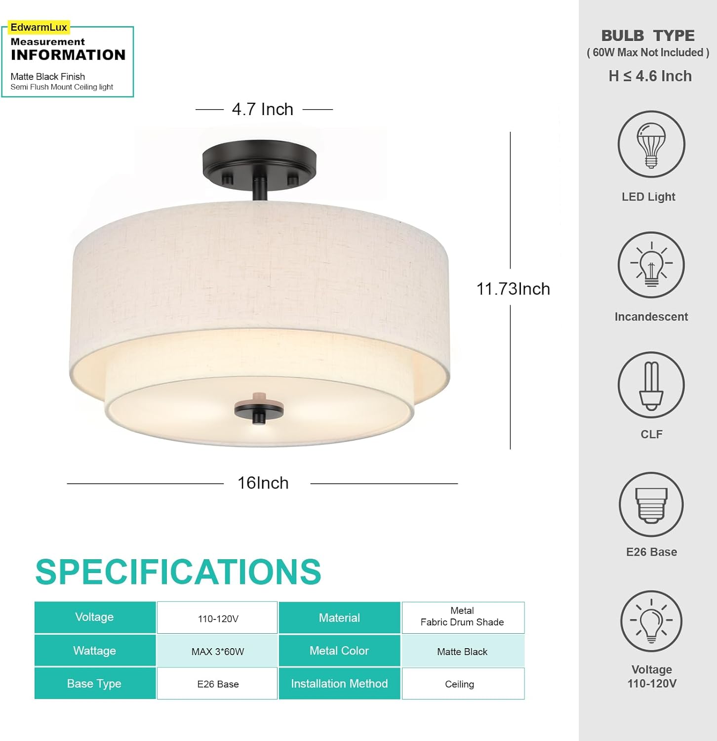 Edwarmlux 3-Light Semi Flush Mount Ceiling Light, 16" Drum Light with White Fabric Shade, Modern Close to Ceiling Lamp for Living Room Bedroom Dining Kitchen Hallway Entry (Matte Black)