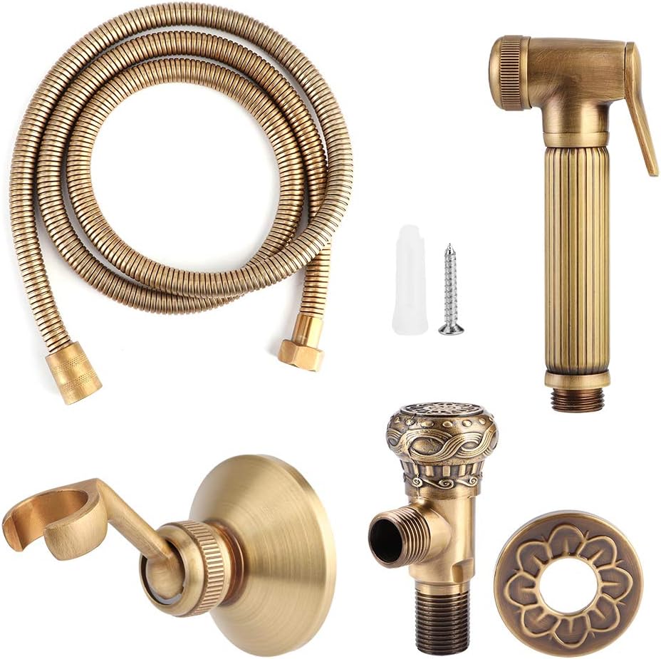 Handheld Bidet Sprayer for Toilet, Vintage Brass Handheld Bidet Sprayer Spray Bracket Hose Kit Bathroom Accessories for Feminine Wash, Baby Diaper Cloth Washer Cleaner and Pet