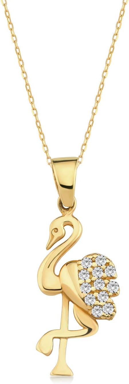 Gelin Gold Women's and Girls' Necklace 14 Carat 585 Genuine Yellow Gold with Gold Pendant Flamingo Chain 45 cm